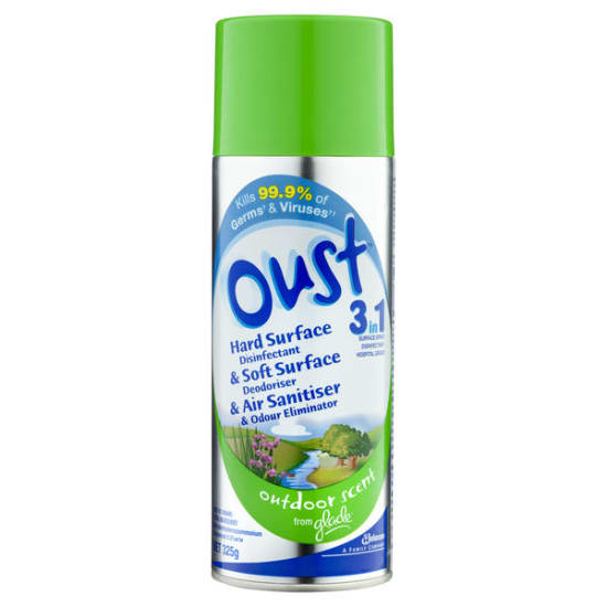 Oust Surface & Air Sanitiser Spray with Outdoor Scent, 325g, kills 99.9% of germs and reduces odors for hygienic cleaning.