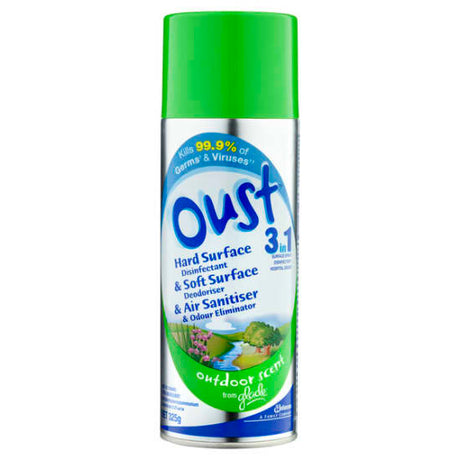 Oust Surface & Air Sanitiser Spray with Outdoor Scent, 325g, kills 99.9% of germs and reduces odors for hygienic cleaning.