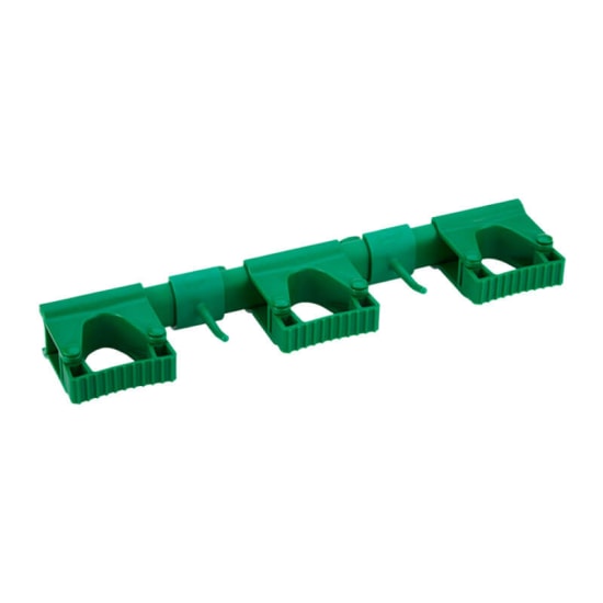 Vikan Hygienic Hi-Flex Wall Bracket System in green, modular design for organized, hygienic storage of cleaning tools.