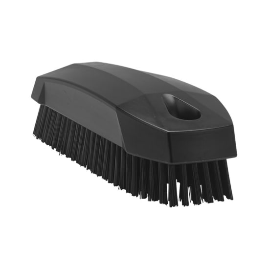 Black Vikan Stiff Bristle Nail Brush 130mm with tough bristles for effective nail cleaning and convenient wall storage.