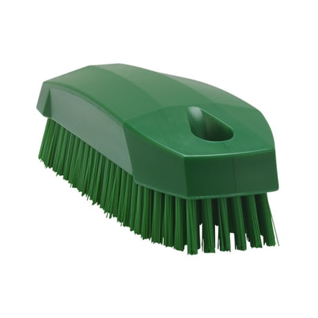 Sturdy 130mm green nail brush with stiff bristles for effective cleaning; ideal for hygiene in kitchens and workshops.