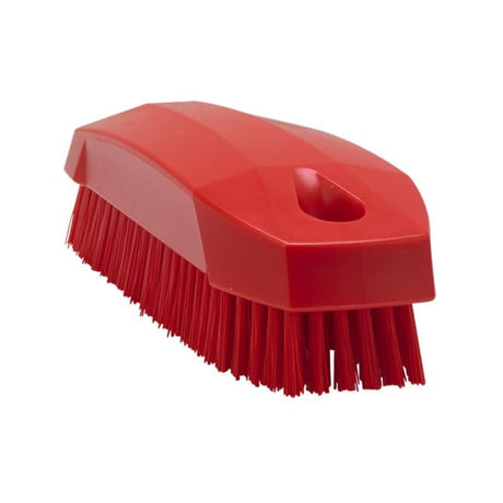 Vikan Stiff Bristle Nail Brush in red, 130mm, features durable bristles for effective cleaning and easy storage with a hanging hole.