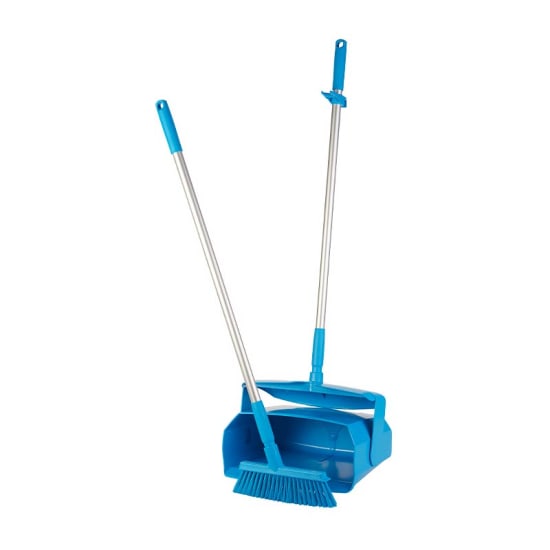 Vikan blue lobby dustpan and broom set, featuring closable dustpan, angle-cut broom, and dual bristles for efficient cleaning.