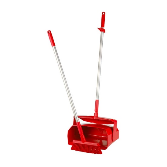 Vikan Lobby Dustpan & Broom Set in red; durable, closable dustpan, angle-cut broom, ideal for efficient cleaning and hygiene.