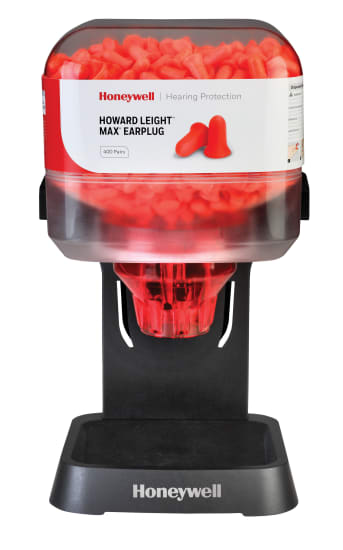 Honeywell MAX CL5 Earplug Dispenser with antimicrobial design, holds 400 pairs, easy access twist knob, and eco-friendly.