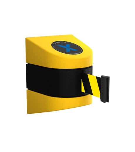 Wall-mounted retractable belt with a 9m black and yellow design for effective access control in various environments.