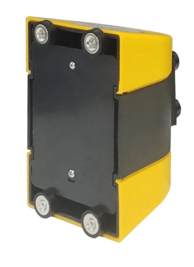 Magnetic retractable belt in black and yellow, 4.6m, ideal for crowd management and access control in workspaces.