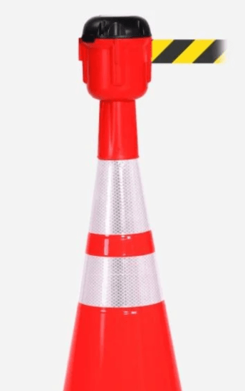 Cone Top Retractable Belt with 4.6m black/yellow nylon for effective crowd control, fits most traffic cones, includes belt lock.