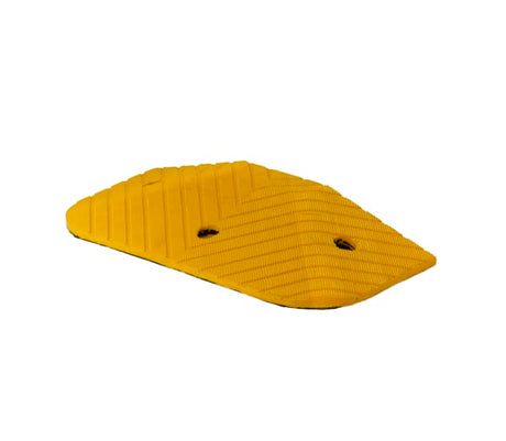 Heavy-duty rubber speed hump with yellow end cap for enhanced visibility and safety in traffic management.