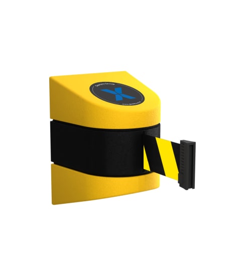 Wall mount retractable belt barrier in black and yellow, 4.87m length, designed for effective access control and space saving.