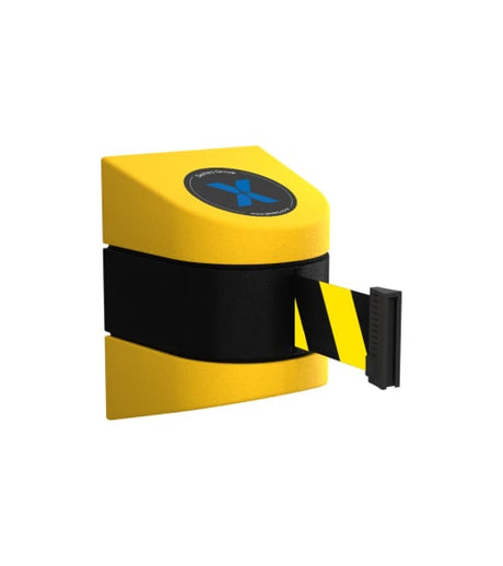 Wall mount retractable belt barrier in black and yellow, 4.87m length, designed for effective access control and space saving.