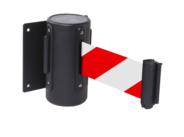 Wall-mounted retractable belt in red and white, 4.87m, for effective crowd control and access management in busy areas.