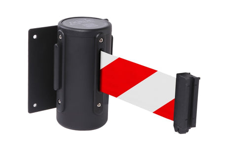 Wall-mounted retractable belt in red and white, 4.87m, for effective crowd control and access management in busy areas.