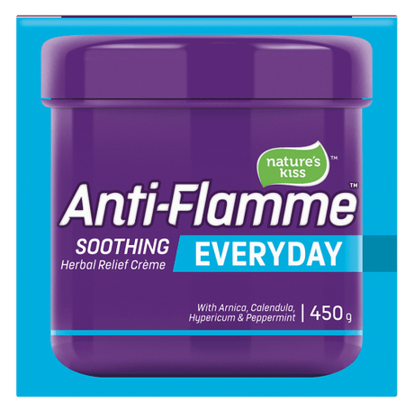 Nature's Kiss Anti-Flamme Everyday Rub 450g, a natural pain relief cream with peppermint scent for sore muscles and joints.