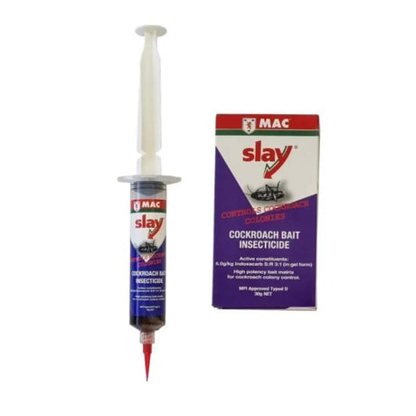 MAC Slay Cockroach Bait syringe, 30g, designed for effective pest control with non-repellent, long-lasting formula.