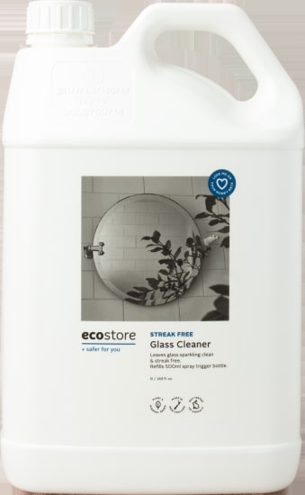 Ecostore Glass Cleaner 5L, a plant-based, eco-friendly formula for streak-free shine on windows and mirrors, made in NZ.