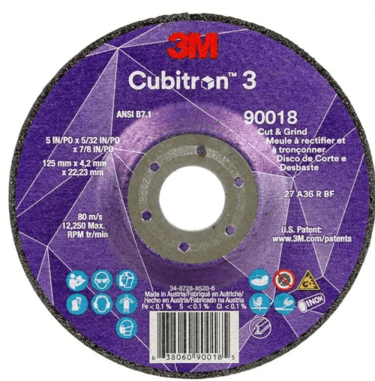 3M Cubitron 3 Cut and Grind Wheel, 36+-125mm, for efficient cutting and grinding on stainless and mild steel with superior durability.