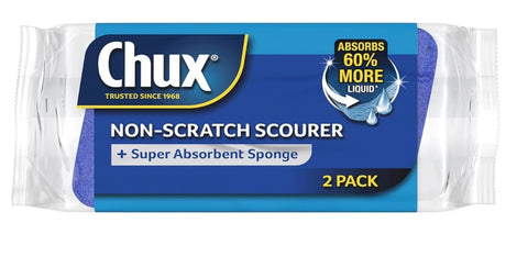 Chux Non Scratch Scourer Sponge 2pk features gentle pads for delicate surfaces, absorbent sponges, and angled design for tight corners.