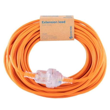 Durable 18m orange power lead with 3 core wiring for safety, perfect for vacuuming and heavy-duty electrical tasks.