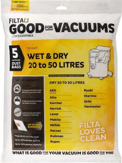 Filta Wet&Dry 50L vacuum cleaner bags in a pack of 5, designed for superior dust retention and compatibility with multiple brands.