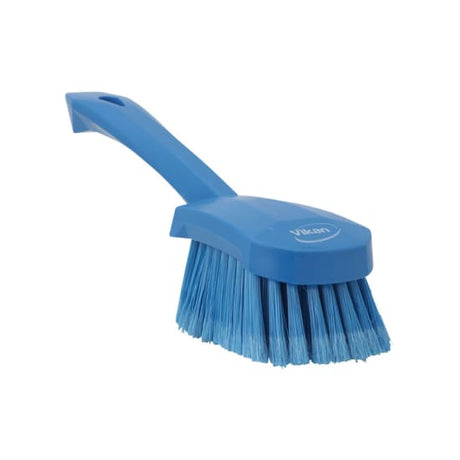 Vikan short handled blue washing brush with soft bristles, ideal for gentle cleaning of sensitive surfaces like glass and stainless steel.