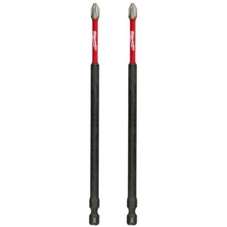 Pack of 2 Milwaukee Shockwave Power Bits, Phillips #2 150mm, designed for durability with wear guard tip and shock zone technology.