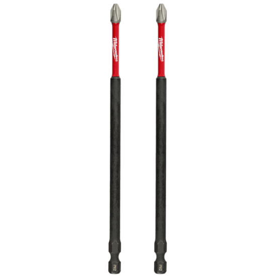 Pack of 2 Milwaukee Shockwave Power Bits, Phillips #2 150mm, designed for durability with wear guard tip and shock zone technology.