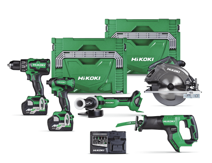 HiKOKI 36V/18V Multi Volt Brushless combo kit with various power tools for drilling, cutting, and grinding, featuring dual batteries and charger.