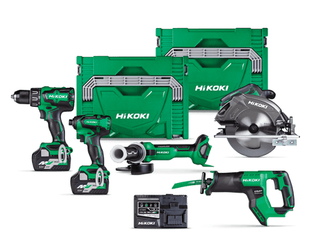 HiKOKI 36V/18V Multi Volt Brushless combo kit with various power tools for drilling, cutting, and grinding, featuring dual batteries and charger.