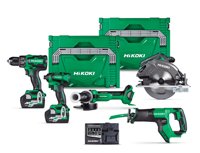 HiKOKI 36V/18V Multi Volt Brushless combo kit with various power tools for drilling, cutting, and grinding, featuring dual batteries and charger.