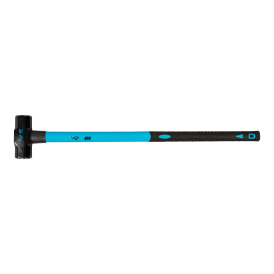 Sledge hammer with fibreglass handle and rubber grip, features hardened steel head for demolition tasks, weighing 3.2kgs.