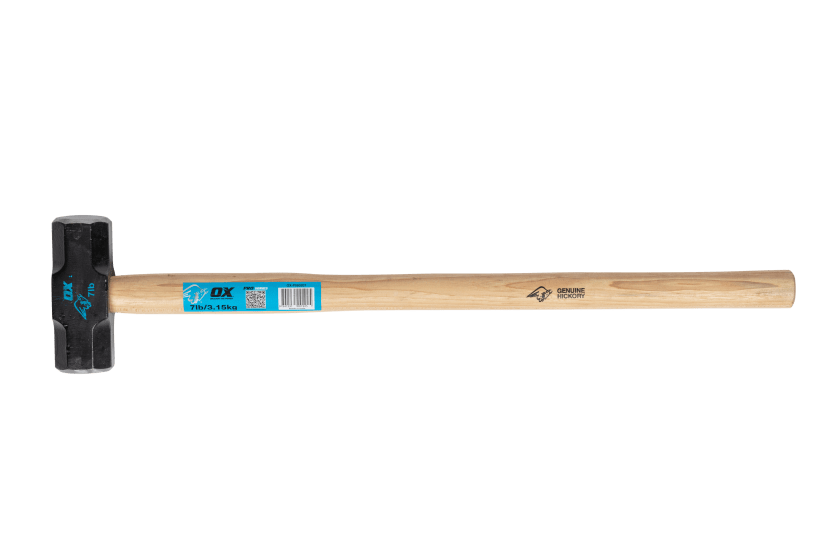 OX Pro sledge hammer with 3.2 kg hickory handle and drop-forged steel head, ideal for demolition tasks and heavy use.