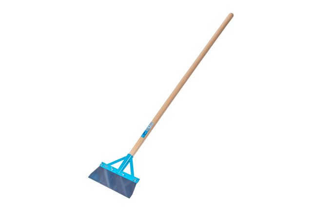 OX Pro 356mm Floor Scraper with wooden handle, designed for efficient cleaning of plaster and adhesive with ergonomic grip.