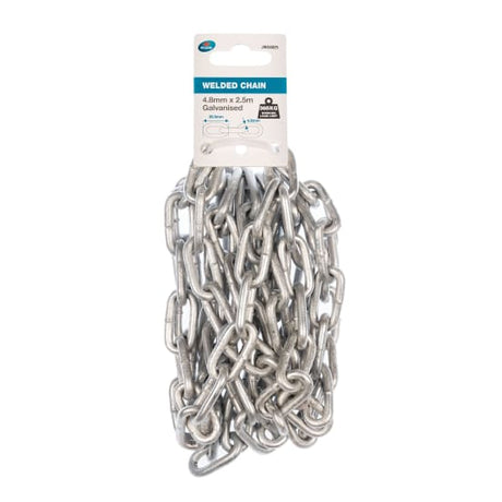 Galvanised precut chain, 4.8mm thick, 2.5m long, rust-resistant for secure outdoor use and rated for 365kg load.