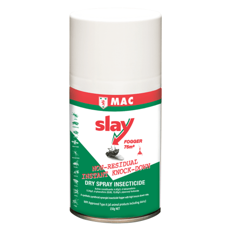 MAC Slay Professional Dry Insecticide Fogger 150g, effective for flying and crawling insects, odourless and non-staining.