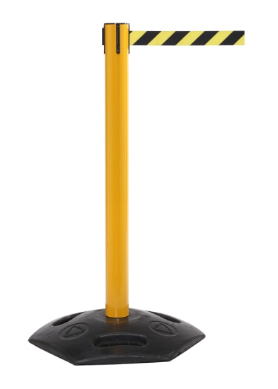 Free standing retractable belt with 10.6m length, sturdy steel post, cast iron base, and safe locking mechanism for crowd control.