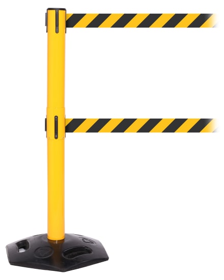 Heavy-duty free-standing barrier with twin retractable belts, enhancing crowd management visibility and access control.