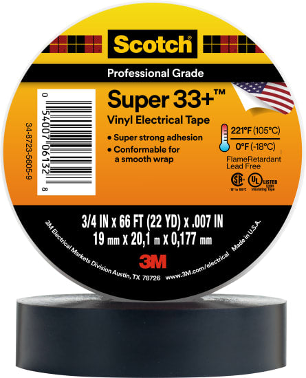 Black Scotch Super 33+ electrical tape roll, 19mm x 20m, designed for durable insulation and moisture sealing in various conditions.