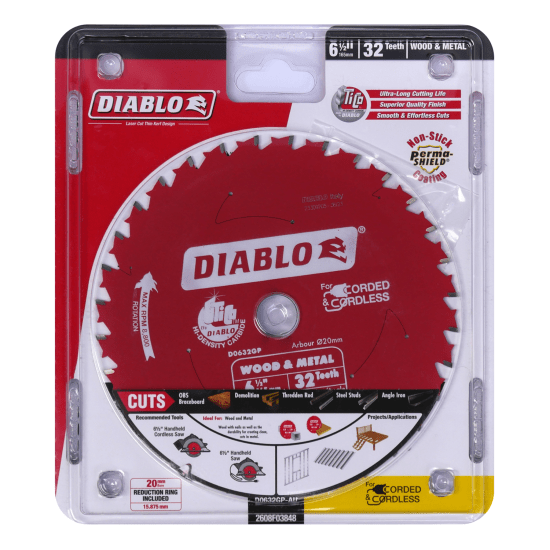 Diablo 165mm carbide saw blade for cutting wood and metal, featuring TiCo tips and non-stick coating for durable, precise cuts.