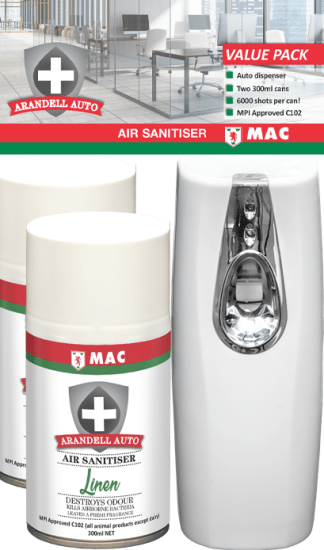 MAC Arandell Air Sanitiser Value Pack with dispenser and two 300ml cans in Frangipani and Linen for lasting freshness.