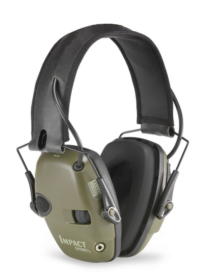 Green Impact Sport Earmuffs for sound amplification and hearing protection, featuring AUX input and ultra-slim design for gun clearance.