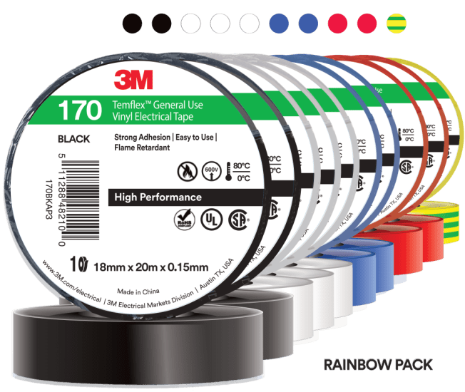 Multi-colored 3M Temflex Electrical Tape roll, 18mm x 20m, flame-retardant, suitable for 600V insulation and marking safety areas.