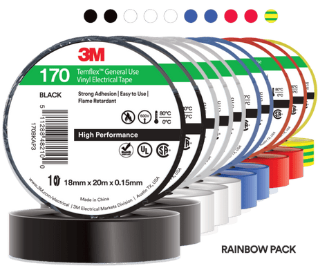 Multi-colored 3M Temflex Electrical Tape roll, 18mm x 20m, flame-retardant, suitable for 600V insulation and marking safety areas.