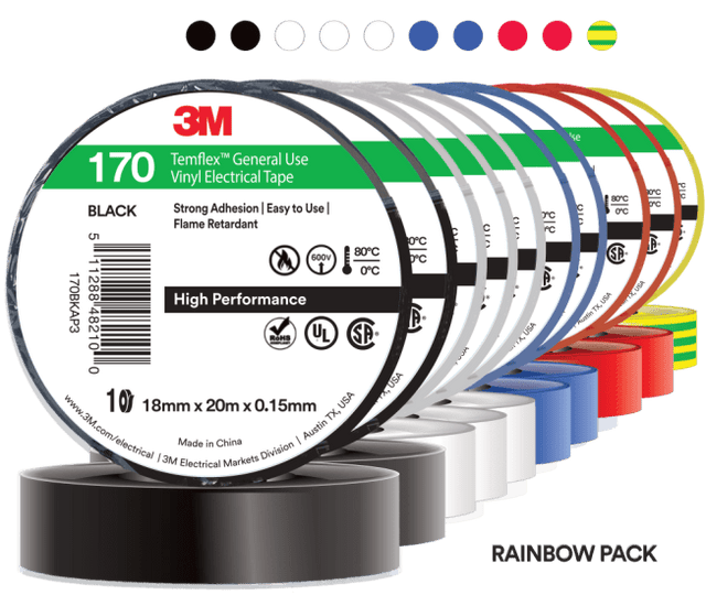 Multi-colored 3M Temflex Electrical Tape roll, 18mm x 20m, flame-retardant, suitable for 600V insulation and marking safety areas.