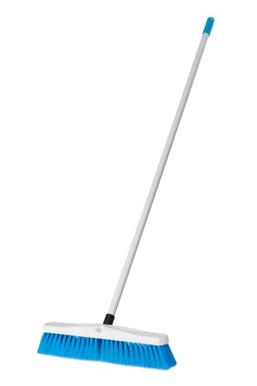 Browns blue platform broom with fibreglass handle, 450mm wide, designed for efficient cleaning in various settings.