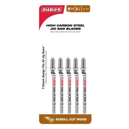 Set of 5 Diablo high carbon steel jigsaw blades, 83mm, designed for precision scroll cuts in wood with T-shank compatibility.