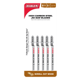 Set of 5 Diablo high carbon steel jigsaw blades, 83mm, designed for precision scroll cuts in wood with T-shank compatibility.