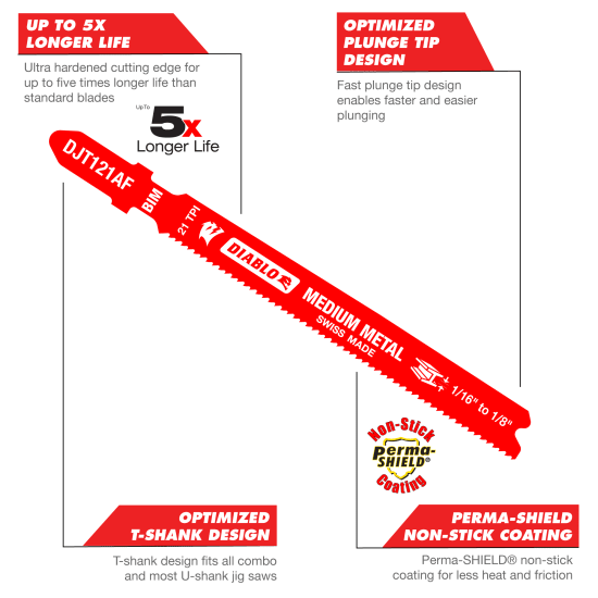 Diablo pack of 5 high-speed steel jig saw blades, 92mm, designed for precise cuts in medium metal applications.