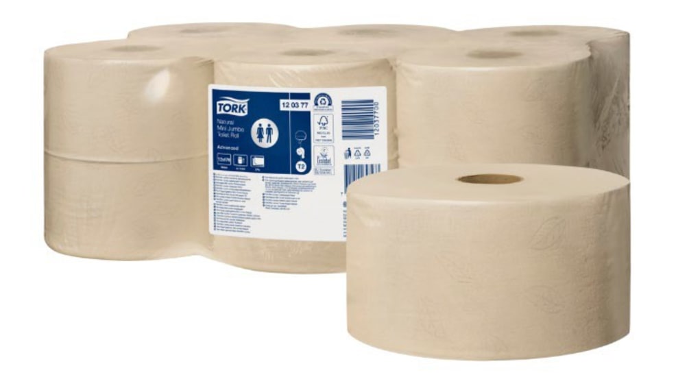 Tork Natural Coloured Mini Jumbo Toilet Paper Roll, 170m long, eco-friendly, 100% recycled, pack of 12 for high-capacity needs.