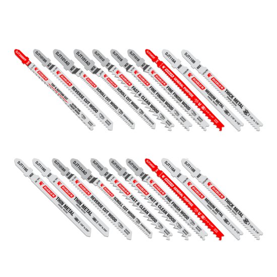 Diablo 20-piece cutting set featuring versatile blades for wood, metal, and plastics, with T-shank design for compatibility.